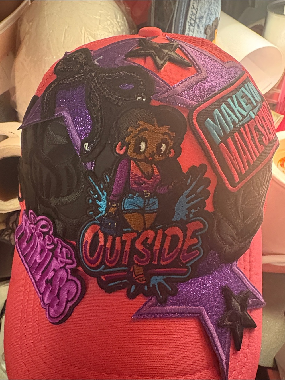 Hand Crafted Red and Purple Embroidered 'MAKE YOU MAKE SENSE' Patch Cap